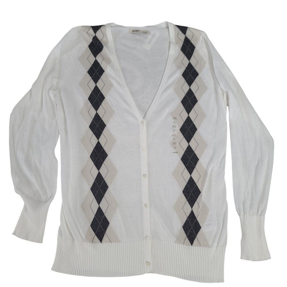 Old Navy Y2K women's cardigan white Argyle NWT Size Large Light academia Preppy